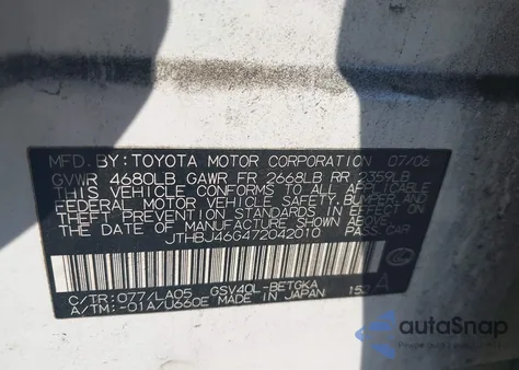 2007 Lexus Es 350 из США, поврежденный, VIN JTHBJ46G472042010